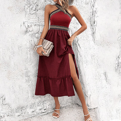 Women’s Halter Dress – Satin Feel – Criss-Cross Neckline – High Slit – Midi Length