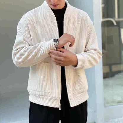 Men’s Corduroy Jacket – Relaxed Fit – V-Neck Zip Front – Ribbed Casual Outerwear