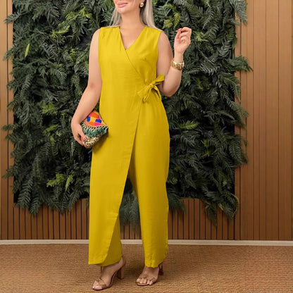 Women’s Jumpsuit – Wrap V-Neck – Tie Waist – Sleeveless – Wide Leg Cotton Blend