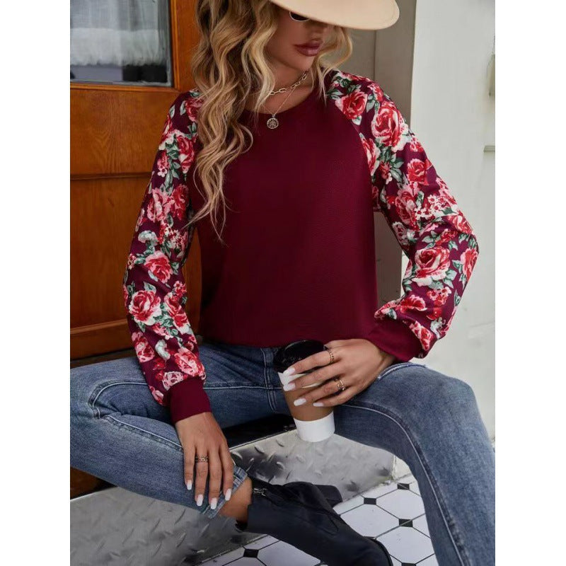 Women’s Sweatshirt – Relaxed Fit – Floral Raglan Sleeves – Soft Knit Casual Style