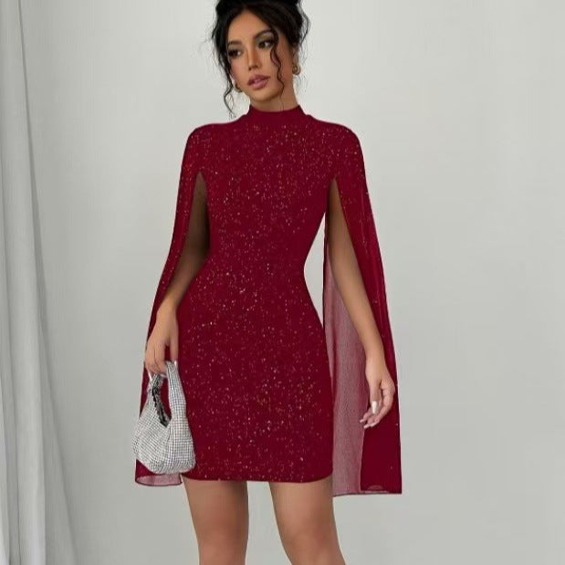 Women’s Mini Dress – Slim Fit – Cape Sleeves – High Neck – Sparkle Detail Partywear