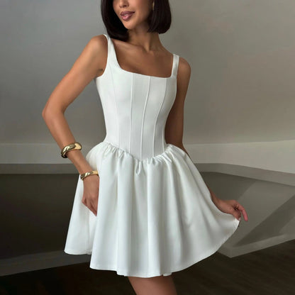 Women’s Mini Dress – Satin – Slim Fit – Square Neck – Fishbone Bodice – Sleeveless