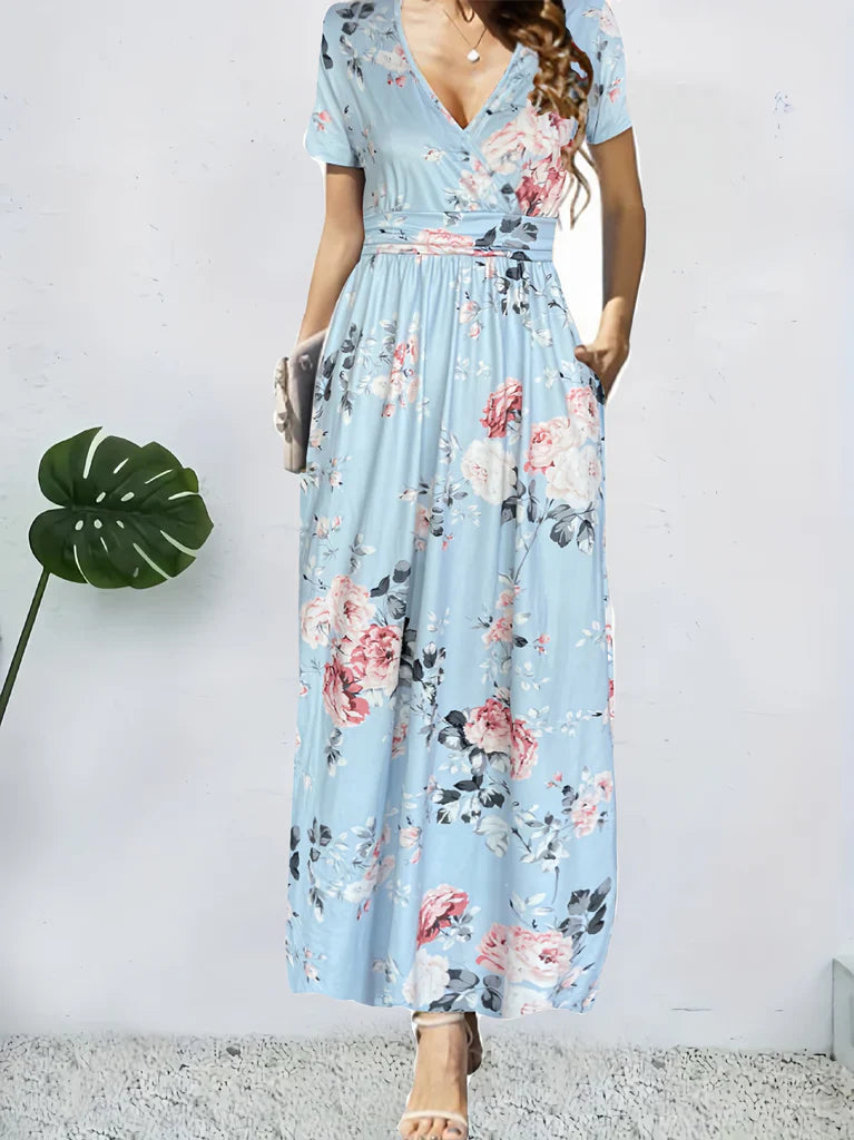 Women’s Wrap Maxi Dress – Floral Print – A-Line Fit – V-Neck – Short Sleeve