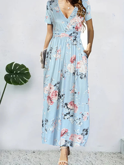 Women’s Wrap Maxi Dress – Floral Print – A-Line Fit – V-Neck – Short Sleeve