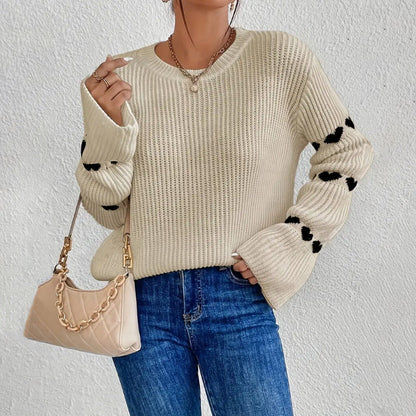 Women’s Pullover Sweater – Loose Fit Knit – Ribbed Texture – Bell Sleeves – Heart Detail