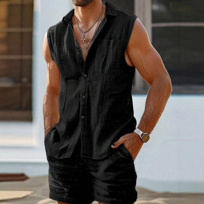 Men’s Shirt and Shorts Set – Cotton Linen – Relaxed Fit – Button-Up Casual Wear