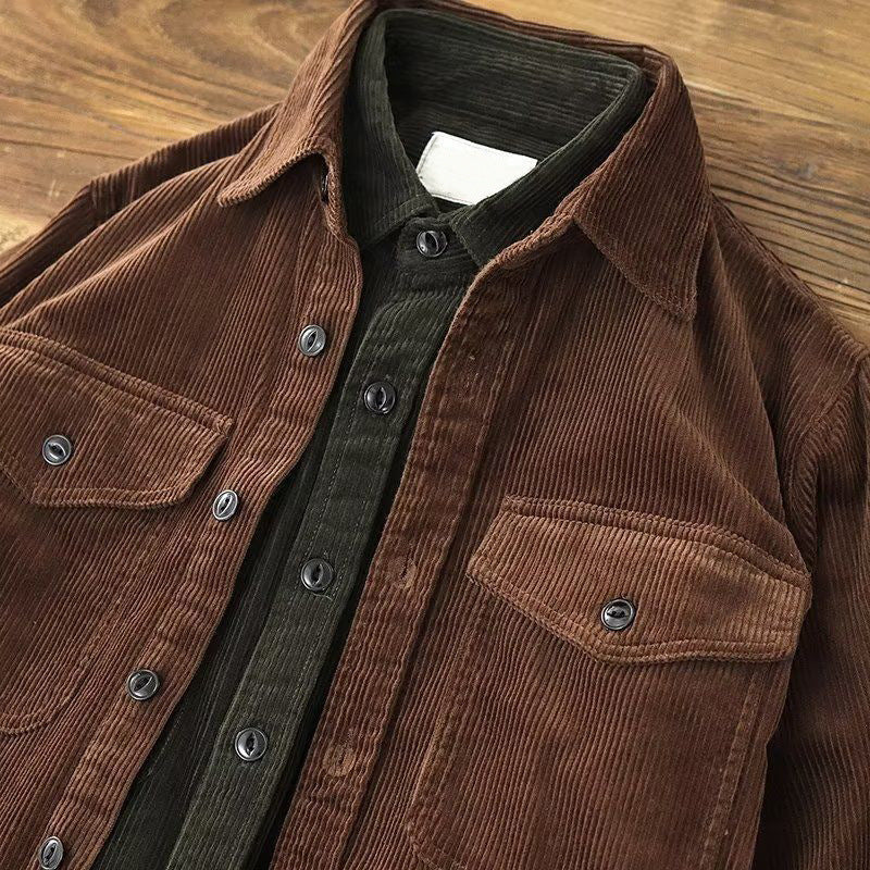 Men's Loose Jacket - Corduroy Pattern - Button-up Front - Chest Pockets