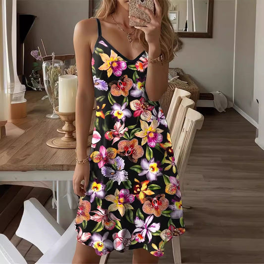 Women’s Mini Dress – A-Line Fit – Spaghetti Straps – V-Neck – Floral Print