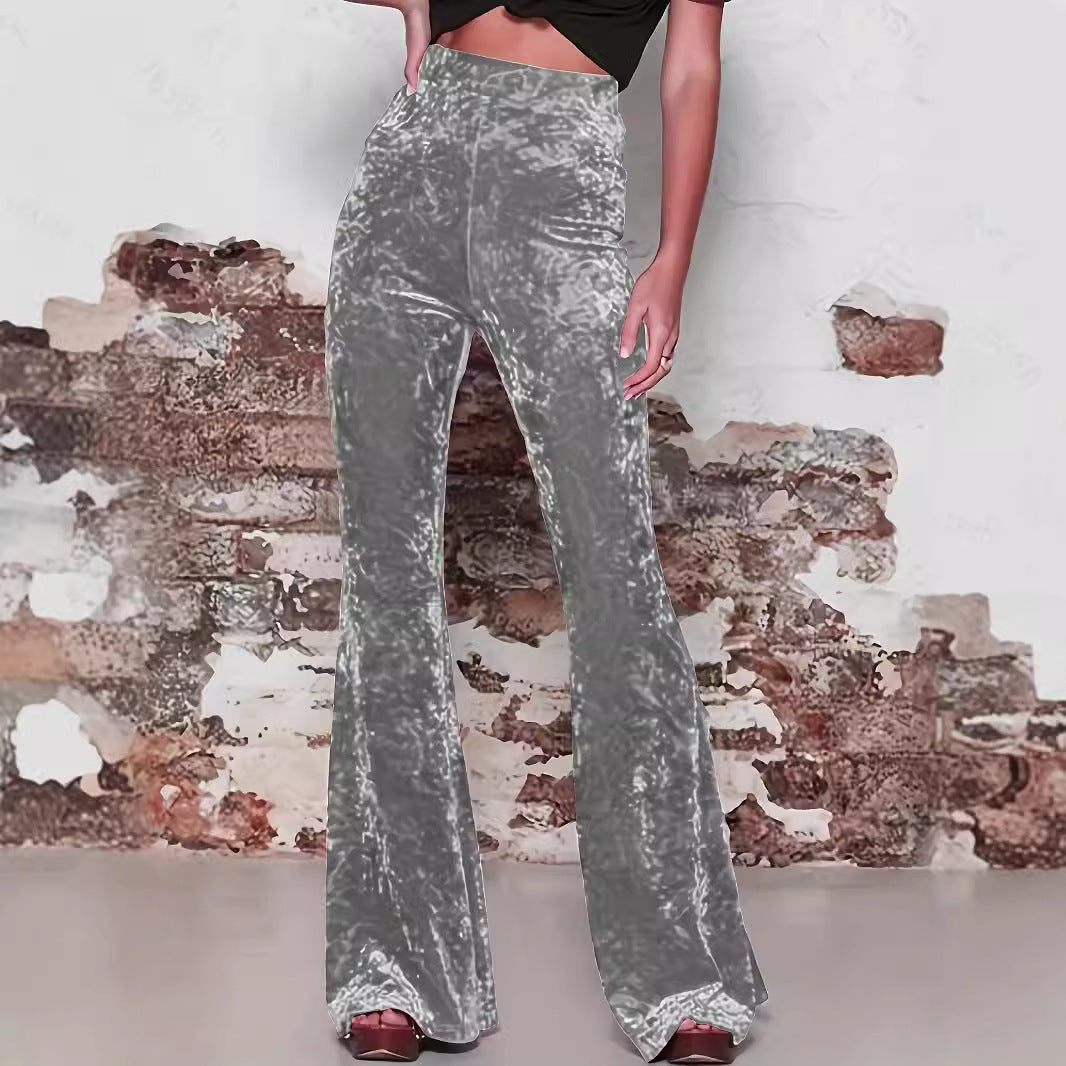 Women’s Flared Trousers – High Waist – Velvet Touch – Tailored Fit – Full Length