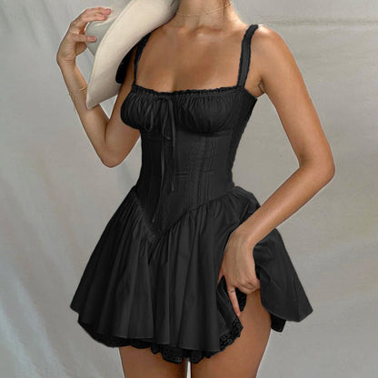 Women’s Mini Dress – Slim Fit – Lace Straps – Open Back – Pleated Skirt – Evening Wear