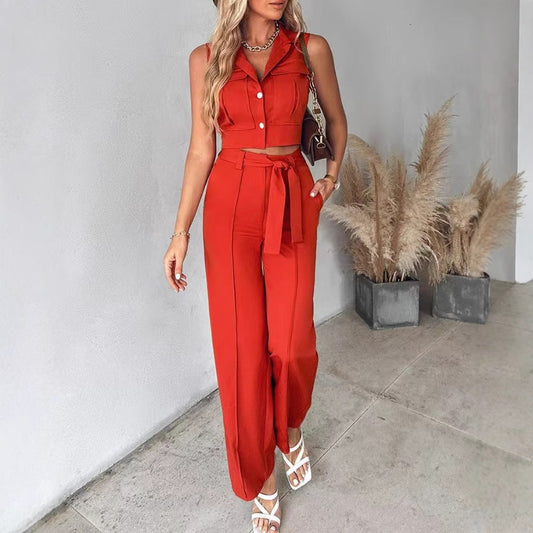 Women’s Pant Set – Sleeveless Crop Top – Wide Leg High Waist Trousers – Belted Waist