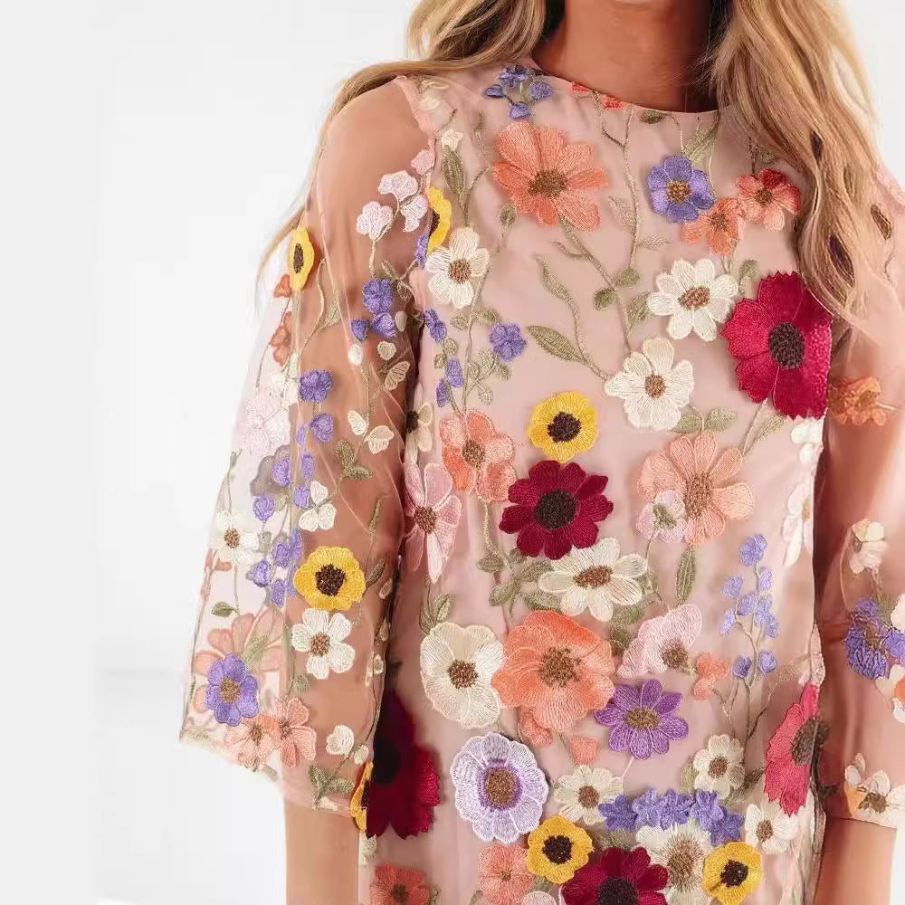 Women’s Mini Dress – Sheer Breathable Fabric – Floral Embroidery – 3/4 Flared Sleeve