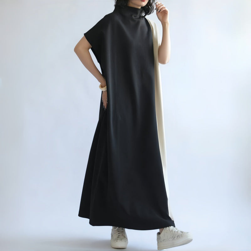 Women’s Midi Dress – Loose Fit – Batwing Sleeve – Half Turtleneck – Two-Tone Style