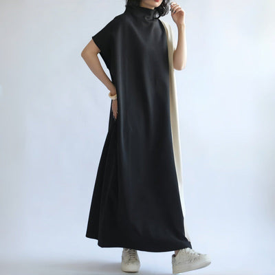 Women’s Midi Dress – Loose Fit – Batwing Sleeve – Half Turtleneck – Two-Tone Style