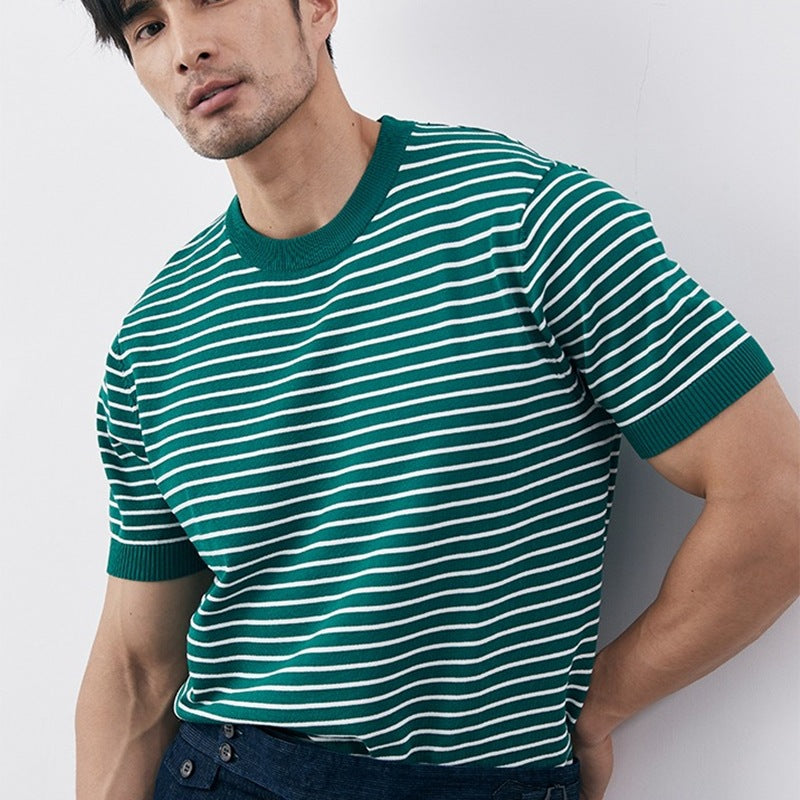 Men’s Knit T-Shirt – Slim Fit – Horizontal Stripe – Ribbed Cuffs – Cotton Blend