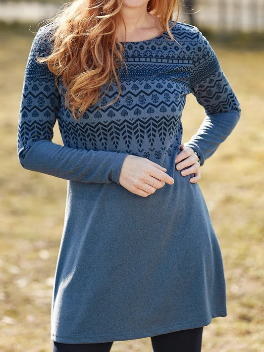 Women’s Long Sleeve Dress – Relaxed Fit – Brushed Fabric – Ethnic Print – Round Neck