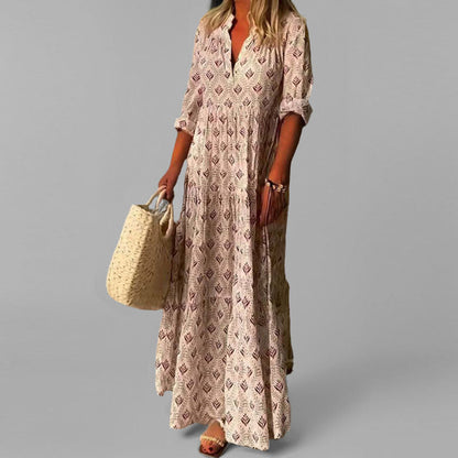 Women’s Maxi Dress – Lightweight Cotton – Loose Fit – V-Neck – Vintage Print – 3/4 Sleeve