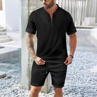Men’s Sport Set – Relaxed Fit – Stretch Fabric – Zip Neck Top & Shorts