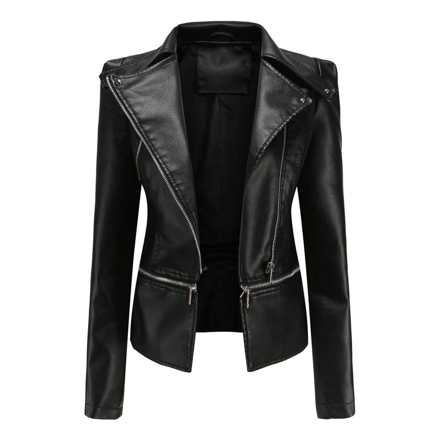 Women's leather motorcycle jacket with zipper