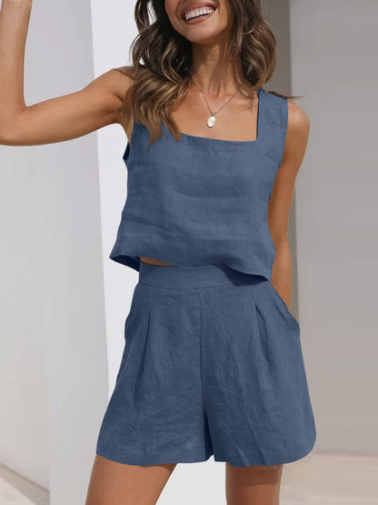 Women’s Two-Piece Set – Linen Blend – Cropped Square Neck Top – Pleated Shorts – Relaxed Fit