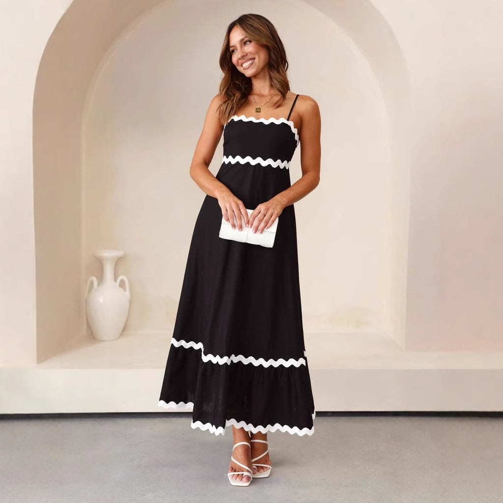 Women’s Maxi Dress – A-Line Fit – Lightweight Cotton – Spaghetti Straps – Boho Trim