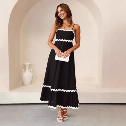 Women’s Maxi Dress – A-Line Fit – Lightweight Cotton – Spaghetti Straps – Boho Trim