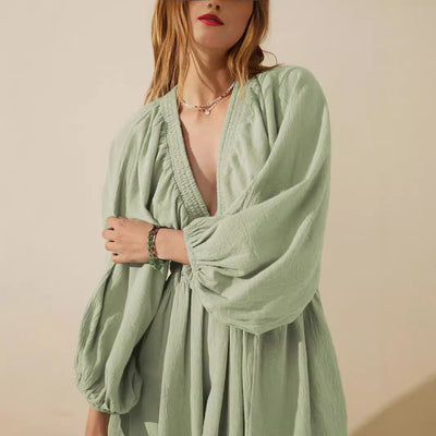 Women’s Mini Dress – Cotton Linen Blend – V-Neck – Long Sleeve – Relaxed Fit