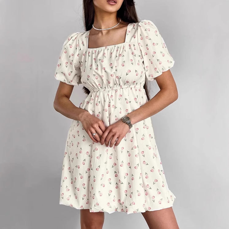 Women’s A-Line Dress – Puff Sleeves – Square Neck – Floral Print – Fitted Waist