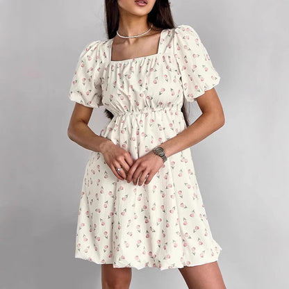 Women’s A-Line Dress – Puff Sleeves – Square Neck – Floral Print – Fitted Waist