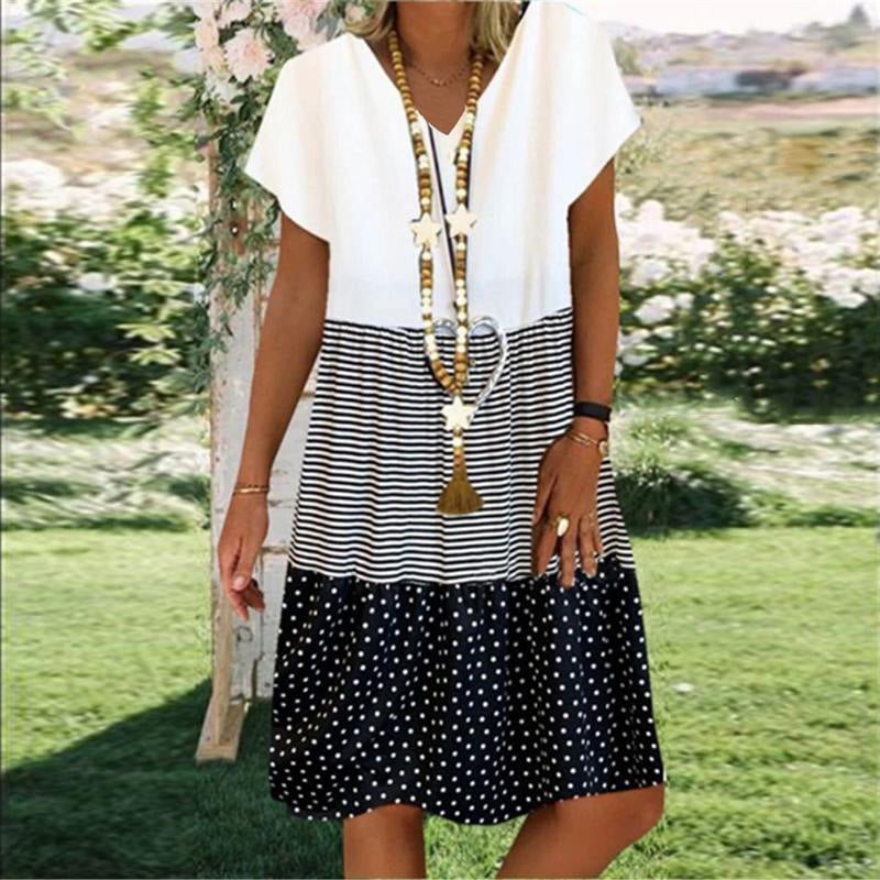 Women’s Midi Dress – Relaxed Fit – V-Neck – Short Sleeve – Breathable Blend – Midi Length