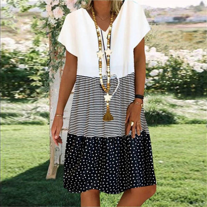 Women’s Midi Dress – Relaxed Fit – V-Neck – Short Sleeve – Breathable Blend – Midi Length