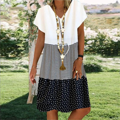 Women’s Midi Dress – Relaxed Fit – V-Neck – Short Sleeve – Breathable Blend – Midi Length