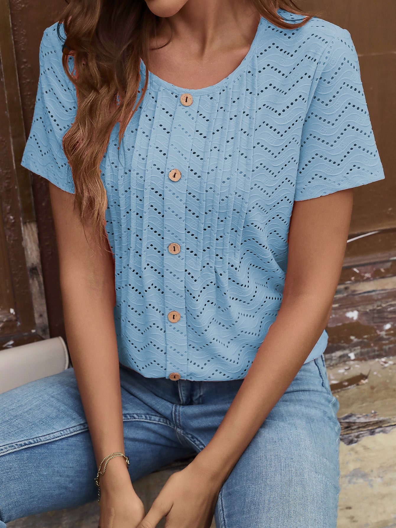 Women’s T-Shirt – Relaxed Fit – Eyelet Pattern – Pleated Front – Button Detail – Soft Knit