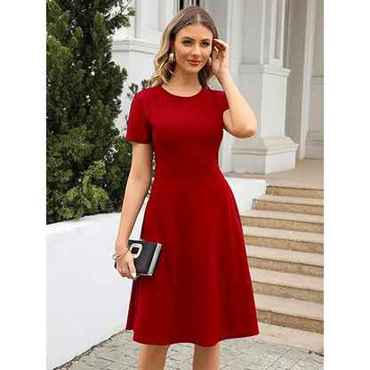 Women’s Fit and Flare Dress – Lightweight Fabric – Round Neck – Short Sleeve – Knee Length