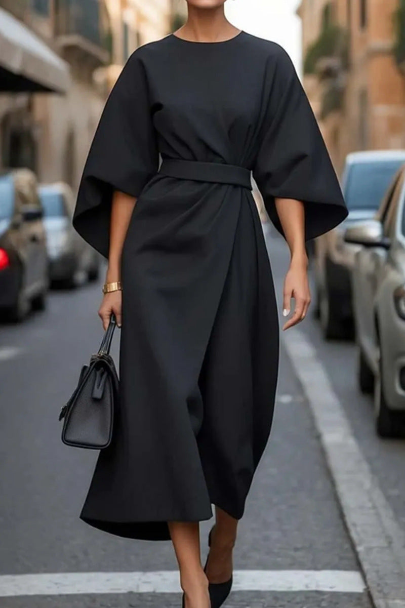 Women’s Long Dress – Satin Feel – Batwing Sleeves – Draped Fit – Waist Belt