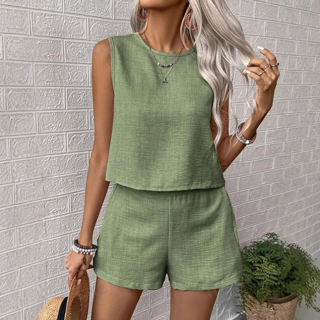 Women’s Two Piece Set – Sleeveless Top and Mid-Thigh Shorts – Linen Feel Relaxed Fit