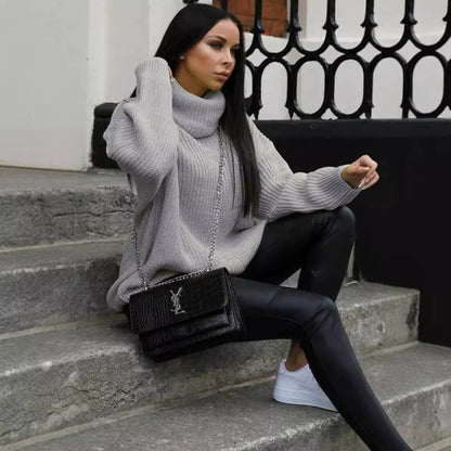 Women’s Knitted Sweater – Oversized Fit – Turtleneck – Ribbed Sleeve Casual Pullover