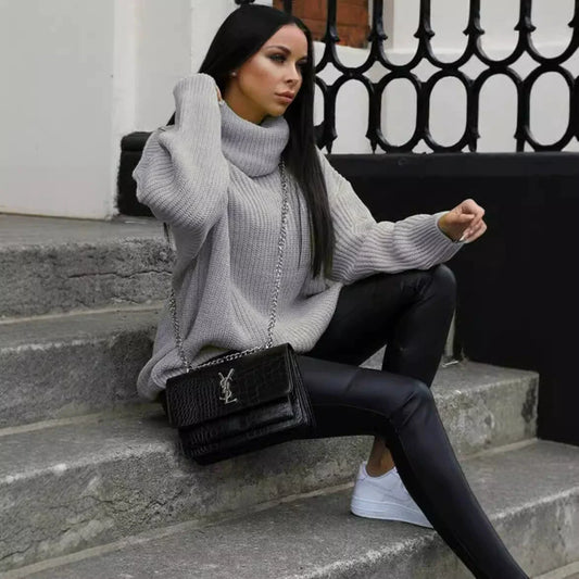 Women’s Knitted Sweater – Oversized Fit – Turtleneck – Ribbed Sleeve Casual Pullover