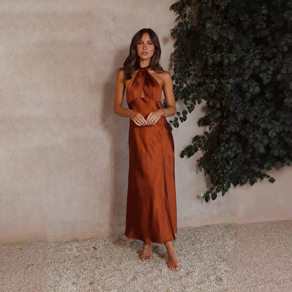Women’s Halter Dress – Satin – Fitted Waist – Front Slit – Full Length – Cut-Out Detail