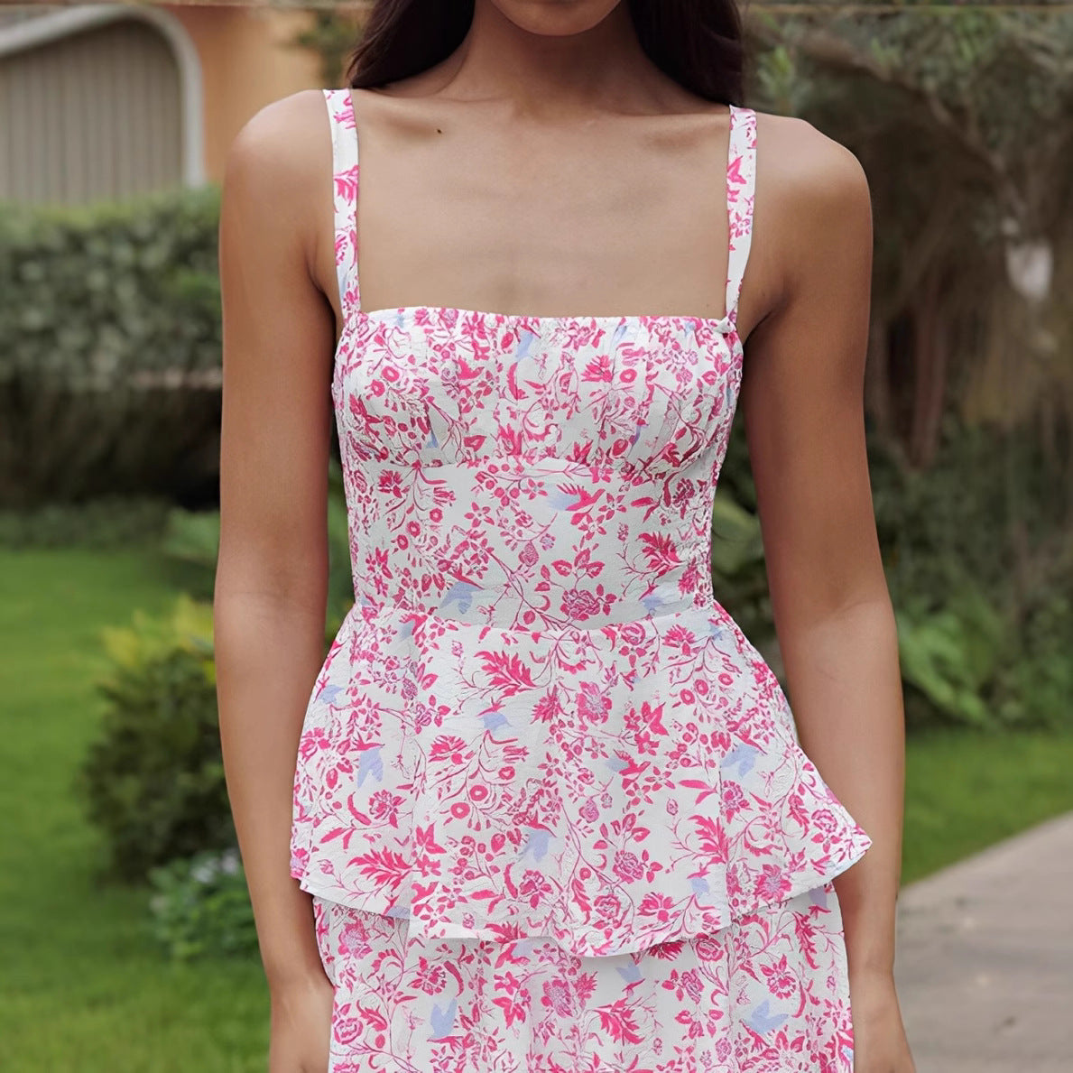 Women’s Midi Dress – A-Line Fit – Floral Print – Tiered – Sleeveless Strappy Style