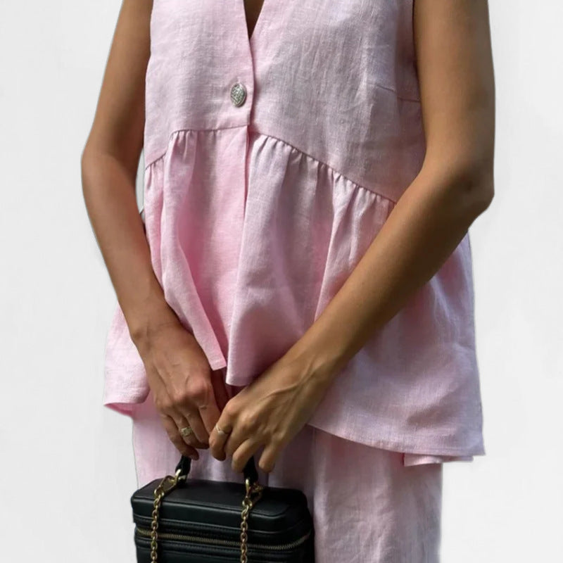 Women’s Vest and Pants Set – Linen Blend – Peplum Waist – High-Waist Wide-Leg