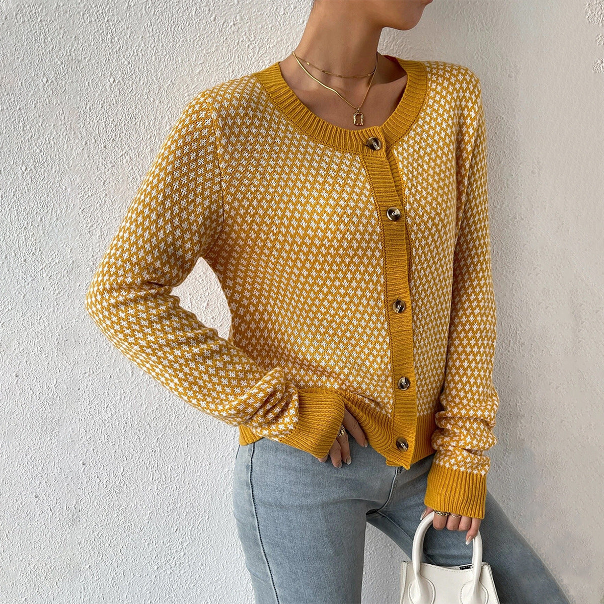 Women’s Cardigan – Wool Blend Knit – Button Front – Geometric Pattern – Ribbed Trim