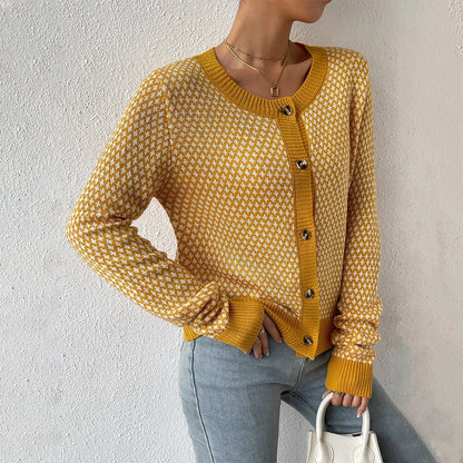 Women’s Cardigan – Wool Blend Knit – Button Front – Geometric Pattern – Ribbed Trim