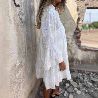 Women’s Short Dress – Cotton A-Line – Embroidered Eyelet Lace – V-Neck Boho Style