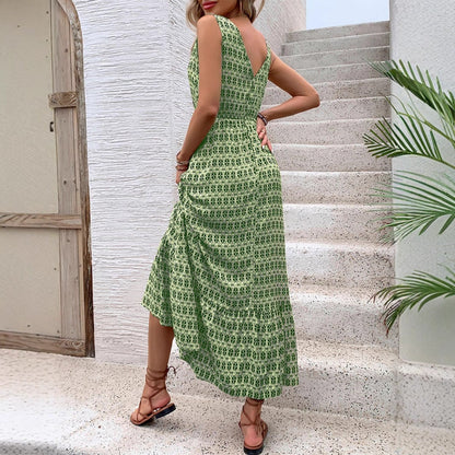 Women’s Midi Dress – Sleeveless – V-Neck – Bohemian Print – Tie Waist – Flowy Fit