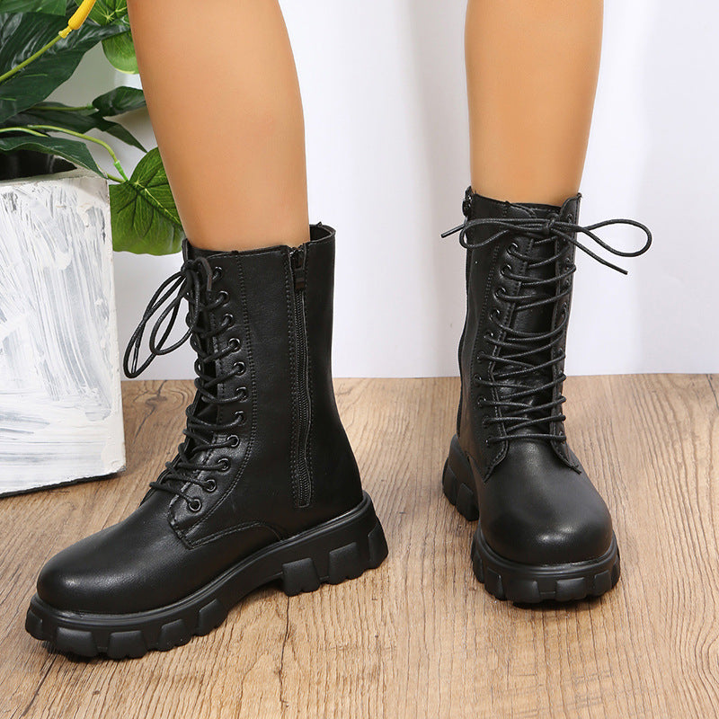 Women’s Mid-Calf Boots – Faux Leather – Chunky Sole – Lace-Up with Side Zip