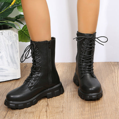 Women’s Mid-Calf Boots – Faux Leather – Chunky Sole – Lace-Up with Side Zip
