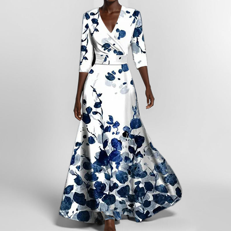 Women's Floral Print V-Neck Maxi Dress with Pockets & Elbow Sleeves