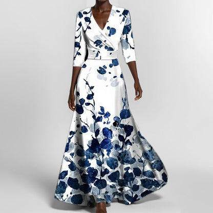 Women's Floral Print V-Neck Maxi Dress with Pockets & Elbow Sleeves