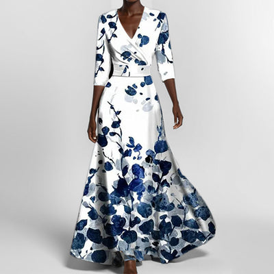 Women's Floral Print V-Neck Maxi Dress with Pockets & Elbow Sleeves